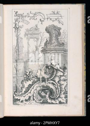 Impression à reliure, cartouche aux ruines et colonnes ; conçue par François de Cuvilliés The Elder (belge, active Allemagne, 1695 - 1768) ; Imprimeur : Carl Albert von Lespilliez (allemand, 1723 - 1796) ; Allemagne ; gravure et gravure sur papier blanc ; 38,7 x 27,6 cm (15 1/4 x 10 7/8 po) Marq. Plateau : 34,4 x 20,8 cm (13 9/16 x 8 3/16 po.) Banque D'Images