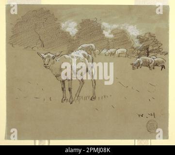 Dessin, pâturage des moutons dans un champ; Winslow Homer (américain, 1836–1910); États-Unis; crayon noir, pinceau et gouache blanc sur papier gris ; 18,1 x 21,7 cm (7 1/8 x 8 9/16 po.) Banque D'Images