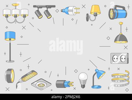Cadre avec éclairages et lampes électriques. Équipement électrique. Conception industrielle ou commerciale. Illustration de Vecteur