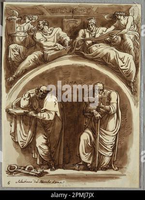 Sketchbook Folio, Lunette avec Saints Pierre et Paul, Matthew et le Prophète Isaiah, Etude après Sebastiano del Piombo; Italie; stylo et encre brune, brosse et lavage brun, sur craie noire sur papier blanc lourd de vélin ; 30,6 x 22,7 cm (12 1/16 x 8 15/16 po.) Banque D'Images