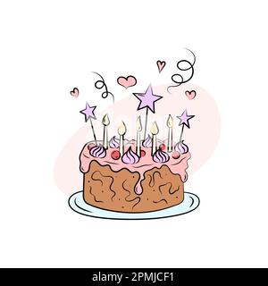 Mignon gâteau d'anniversaire isolé. Gâteau d'anniversaire Vector dessiné à la main pour enfant. Illustration d'un dessert coloré avec cinq bougies et de la crème Illustration de Vecteur