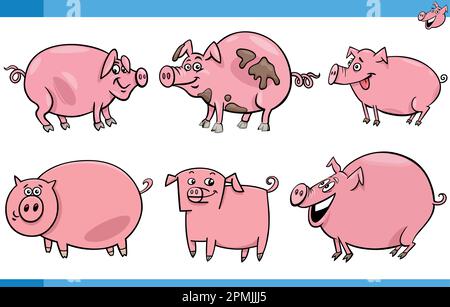 Illustration de dessins animés de cochons animaux de ferme jeu de caractères comiques Illustration de Vecteur