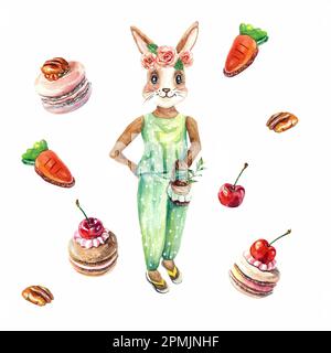 Joli lapin, bonbons, macarons, cerises et pacanes isolés sur fond blanc. L'illustration aquarelle est un élément de la décoration de Pâques. Poste Banque D'Images