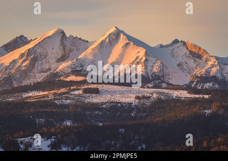 Panorama charmant des montagnes polonaises Tatra le matin. Vue sur les Belianske Tatras depuis le village de Lapszanka, Pologne. Banque D'Images