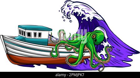 illustration vectorielle d'un voilier et d'un poulpe géant de kraken sur fond blanc Illustration de Vecteur