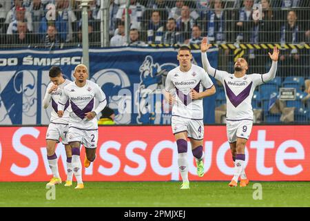 Poznan, Pologne. 13th avril 2023. Arthur Cabral lors de la première finale de la Ligue des conférences européennes de l'UEFA entre Lech Poznan et l'ACF Fiorentina au stade de Poznan sur 13 avril 2023 à Poznan, en Pologne. (Photo de Pawel Jaskolka/PressFocus/Sipa USA) crédit: SIPA USA/Alay Live News Banque D'Images