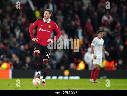 Wout Weghorst de Manchester United (à gauche) réagit lors du match de quart de finale de la première jambe de l'UEFA Europa League à Old Trafford, Manchester. Date de la photo: Jeudi 13 avril 2023. Banque D'Images