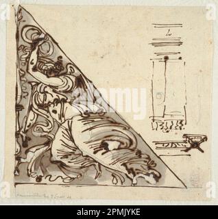 Dessin, croquis de la victoire tenant le noeud papillon et la trompette; croquis de section de mur et de tabouret; conçu par Felice Giani (italien, 1758–1823); Italie; stylo et encre marron foncé, pinceau et gris-brun laver sur la craie noire sur papier couché; 21,1 x 19,8 cm (8 5/16 x 7 13/16 po) Tapis : 45,7 x 35,6 cm (18 x 14 po) Banque D'Images