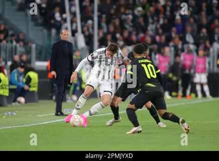 Federico Chiesa de Juventus lors de l'UEFA Europa League, match de football entre Juventus FC et Sporting CP le 13 avril 2023 au stade Allianz, Turin, Italie. Photo Nderim Kaceli Banque D'Images