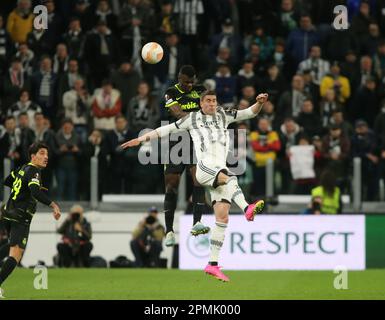 Dusan Vlahovic de Juventus lors de l'UEFA Europa League, match de football entre Juventus FC et Sporting CP le 13 avril 2023 au stade Allianz, Turin, Italie. Photo Nderim Kaceli Banque D'Images