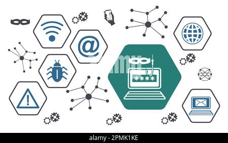 Concept de phishing avec icônes dans les hexagones Banque D'Images