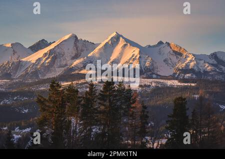 Panorama charmant des montagnes polonaises Tatra le matin. Vue sur les Belianske Tatras depuis le village de Lapszanka, Pologne. Banque D'Images