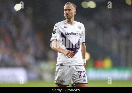 Poznan, Bologne. 13th avril 2023. Antonin Barak de Fiorentina pendant la Ligue de la Conférence Europa de l'UEFA, quart de finale, match de football de 1st jambes entre KKS Lech Poznan et ACF Fiorentina sur 13 avril 2023 au Stadion de l'INEA à Poznan, Pologne - photo Piotr Matusewicz/DPPI crédit: DPPI Media/Alamy Live News Banque D'Images