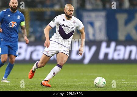 Poznan, Bologne. 13th avril 2023. Sofyan Amrabin de Fiorentina lors de la Ligue de la Conférence européenne de l'UEFA, quart de finale, match de football de 1st jambes entre KKS Lech Poznan et ACF Fiorentina sur 13 avril 2023 au Stadion de l'INEA à Poznan, Pologne - photo Piotr Matusewicz/DPPI crédit: DPPI Media/Alay Live News Banque D'Images