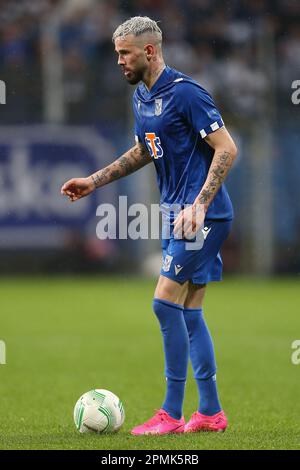 Poznan, Bologne. 13th avril 2023. Kristoffer Velde Lech lors de la Ligue de conférence européenne de l'UEFA, en quarts de finale, match de football à 1st jambes entre KKS Lech Poznan et ACF Fiorentina sur 13 avril 2023 au Stadion de l'INEA à Poznan, Pologne - photo Piotr Matusewicz/DPPI crédit: DPPI Media/Alamy Live News Banque D'Images