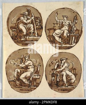 Dessin, quatre ovales : force morale, justice, prudence, Temperance; Conçu par Felice Giani (italien, 1758–1823) ; Italie ; stylo et encre brune, pinceau et savon brun sur des traces de graphite sur papier crème ; 25,8 x 21,7 cm (10 3/16 x 8 9/16 po) Banque D'Images