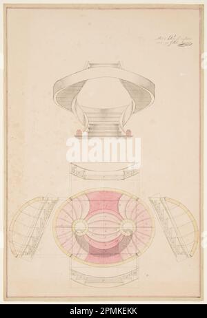 Dessin, élévation et plan pour un modèle d'escalier de style anglais; conçu par Françoise Gillet (français, active 1836); France; stylo et encre noire, pinceau et aquarelle rose, jaune et grise sur papier vélin crème; 49,5 x 33,3 cm (19 1/2 x 13 1/8 po) Banque D'Images