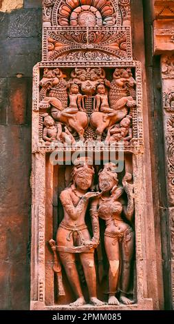 Détails de sculpture sur le Baitala Deula, Bhubaneshwar, Odisha, Inde. Banque D'Images