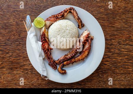 Tentacules de pieuvre frits avec du riz blanc sur une assiette, vue rapprochée, vue de dessus Banque D'Images