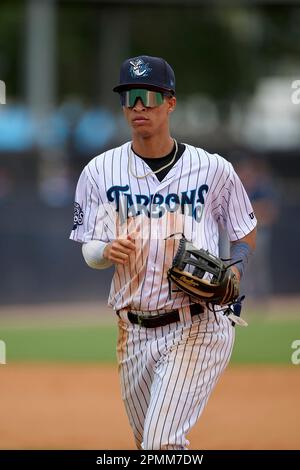 Tampa Tarpons Nelson Medina (3) hits a single during an MiLB Florida State  League baseball game against the Lakeland Flying Tigers on April 9, 2023 at  George M. Steinbrenner Field in Tampa