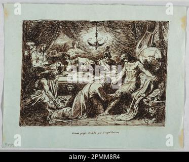 Dessin, Priam dans la tente d'Achille; conçu par Felice Giani (italien, 1758–1823); Italie; encre stylo et brune sur des traces de graphite sur papier bleu clair; 24,2 x 30,8 cm (9 1/2 x 12 1/8 po) Banque D'Images