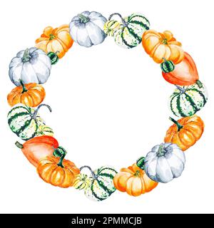 Illustration aquarelle de citrouilles brillantes sur fond blanc. Couronne de légumes à l'aquarelle Banque D'Images