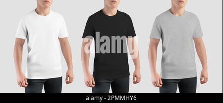 Maquette de t-shirt blanc, noir chiné sur un homme sportif, vêtements décontractés élégants, vêtements pour le design, l'impression, la marque, vue avant. Modèle de chemise vierge isola Banque D'Images