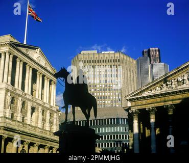 1987 HISTORIQUE BANQUE D'ANGLETERRE STATUE DE WELLINGTON QUARTIER FINANCIER DE LA BOURSE ROYALE LONDRES ANGLETERRE ROYAUME-UNI Banque D'Images