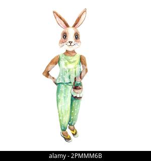 Aquarelle vintage girl lapin en costume vert tenant bascet isolé sur fond blanc. Aquarelle esquisse d'illustration dessinée à la main. Bon de commande d'accueil Banque D'Images