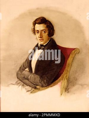 Chopin, Frédéric François - portrait - FAC-simili d'un portrait de Chopin, aquarelle originale conservée au musée de Varsovie. Banque D'Images