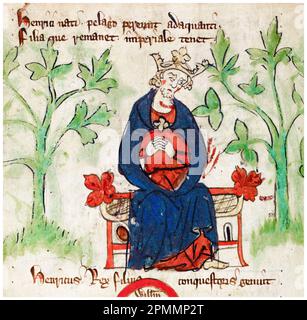 Henry I d'Angleterre (vers 1068-1135), également connu sous le nom de Henry Beauclerc, roi d'Angleterre (1100-1135), pleurant la mort de son fils Prince William Adelin, portrait manuscrit illuminé de Pierre de Langtoft, 1307-1327 Banque D'Images