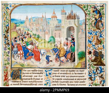 Charles IV de France (1294-1328), rencontrant sa sœur Isabella de France (vers 1295-1358), reine d'Angleterre (1308-1327), aux portes de Paris en 1325, peinture manuscrite illuminée par Jean Froissart, vers 1475 Banque D'Images