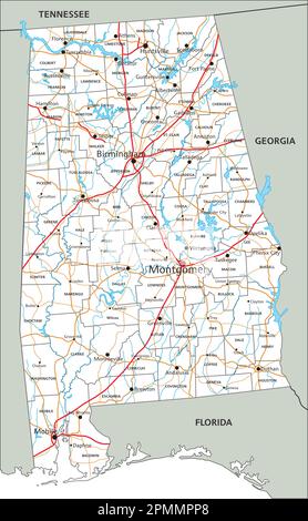 Feuille de route de l'Alabama très détaillée avec étiquetage. Illustration de Vecteur