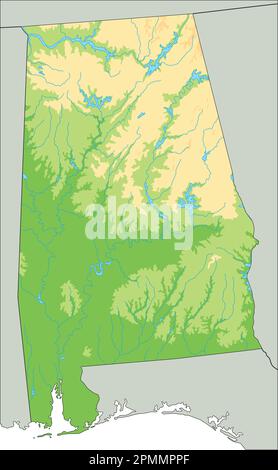 Carte physique haute précision de l'Alabama. Illustration de Vecteur