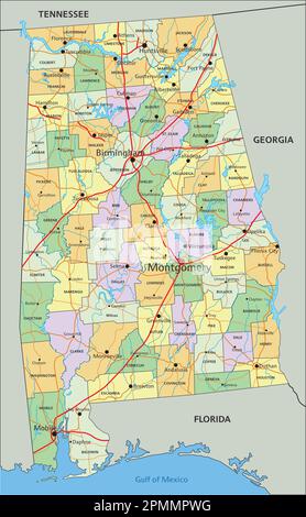 Alabama - carte politique modifiable très détaillée avec étiquetage. Illustration de Vecteur