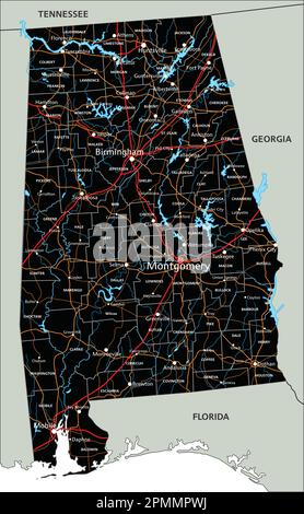 Feuille de route de l'Alabama très détaillée avec étiquetage. Illustration de Vecteur