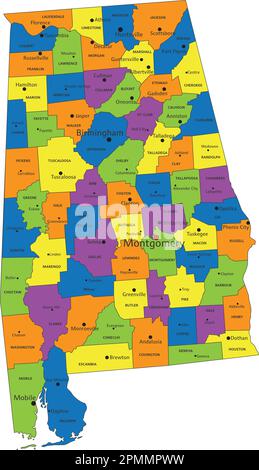 Carte politique colorée de l'Alabama avec des couches clairement étiquetées et séparées. Illustration vectorielle. Illustration de Vecteur