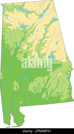 Carte physique haute précision de l'Alabama. Illustration de Vecteur
