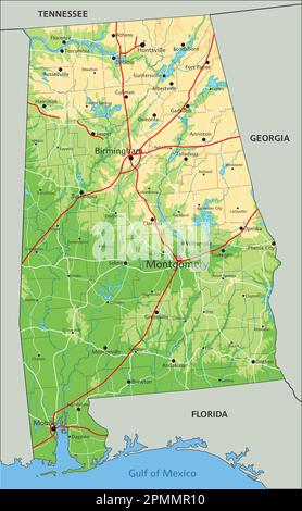 Carte physique Alabama très détaillée avec étiquetage. Illustration de Vecteur