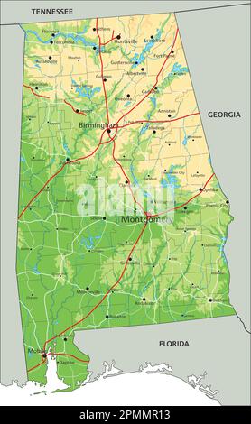 Carte physique Alabama très détaillée avec étiquetage. Illustration de Vecteur