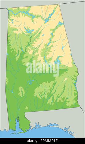 Carte physique haute précision de l'Alabama. Illustration de Vecteur