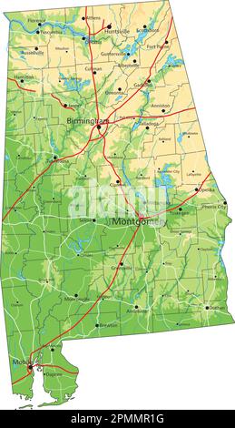 Carte physique Alabama très détaillée avec étiquetage. Illustration de Vecteur