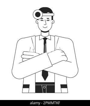 Médecin de sexe masculin avec miroir de tête ligne plate noir blanc caractère vectoriel Illustration de Vecteur