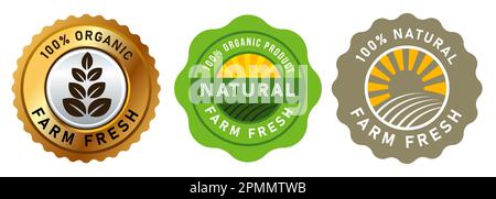 Farm Fresh naturel rond badge timbre étiquette design or vert avec feuilles et lever le soleil brillant Illustration de Vecteur