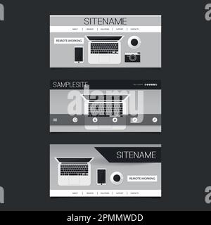 Éléments de conception Web - ensemble de conception d'en-tête avec technologie moderne de style plat gris abstrait argent, thème de travail freelance, bureau mobile, ordinateur portable et D Illustration de Vecteur