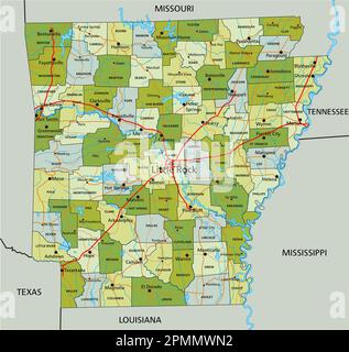 Carte politique modifiable très détaillée avec des couches séparées. Arkansas. Illustration de Vecteur
