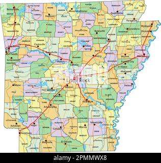 Arkansas - carte politique modifiable très détaillée avec étiquetage. Illustration de Vecteur