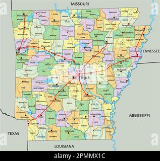 Arkansas - carte politique modifiable très détaillée avec étiquetage. Illustration de Vecteur
