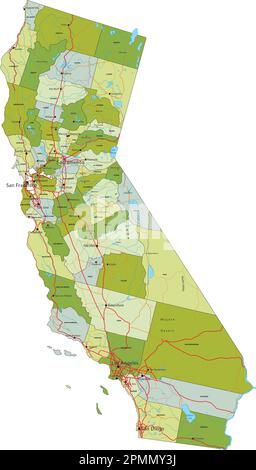 Carte politique modifiable très détaillée avec des couches séparées. Californie. Illustration de Vecteur