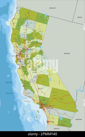 Carte politique modifiable très détaillée avec des couches séparées. Californie. Illustration de Vecteur